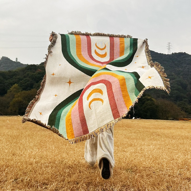Outdoor Camping Decor Ideas - 두꺼운 부드러운 무지개 줄무늬 담요 해변