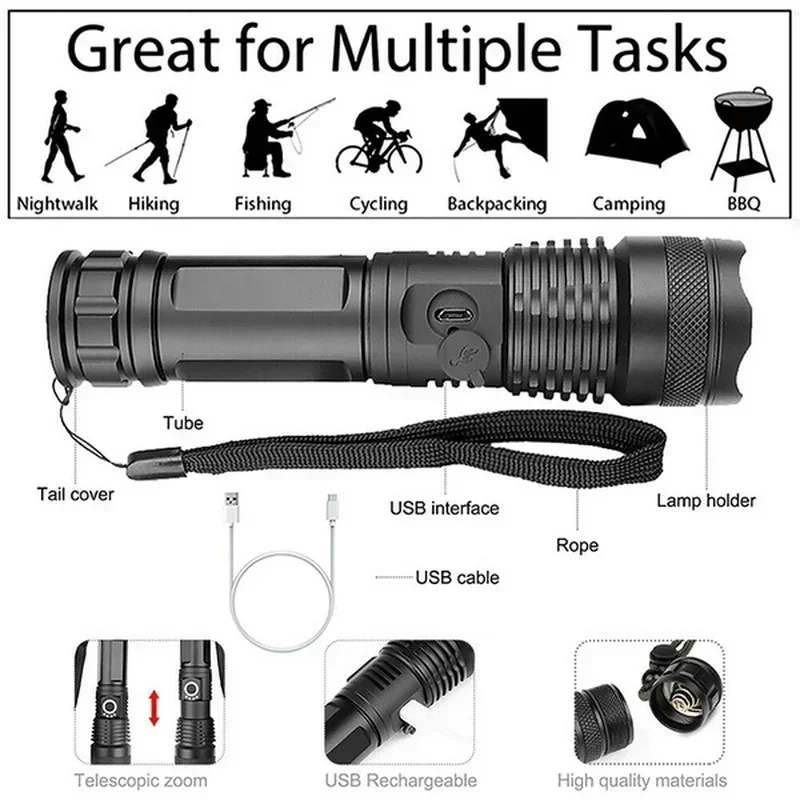 고출력 XHP70 LED 손전등 USB-C 충전식 토치 - Outdoor Camping Decor 리뷰 및 가격